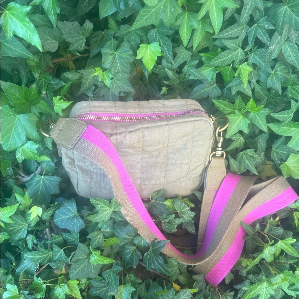 Stylish olive Quilted Crossbody Bag with Pink Strap